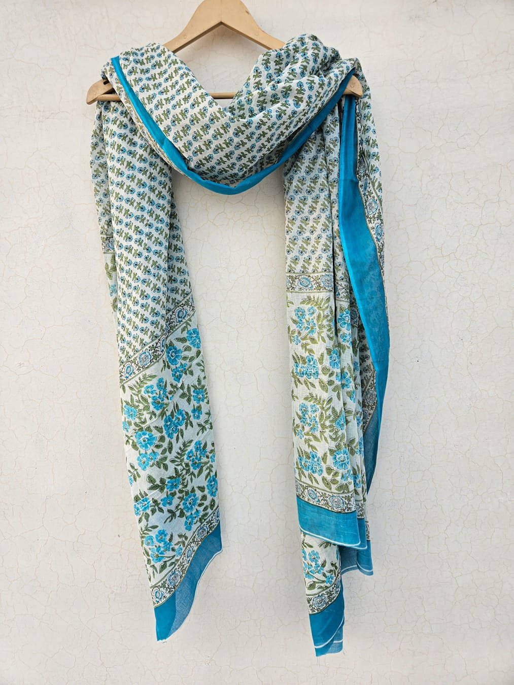 White and sky blue block printed cotton mulmul Dupatta