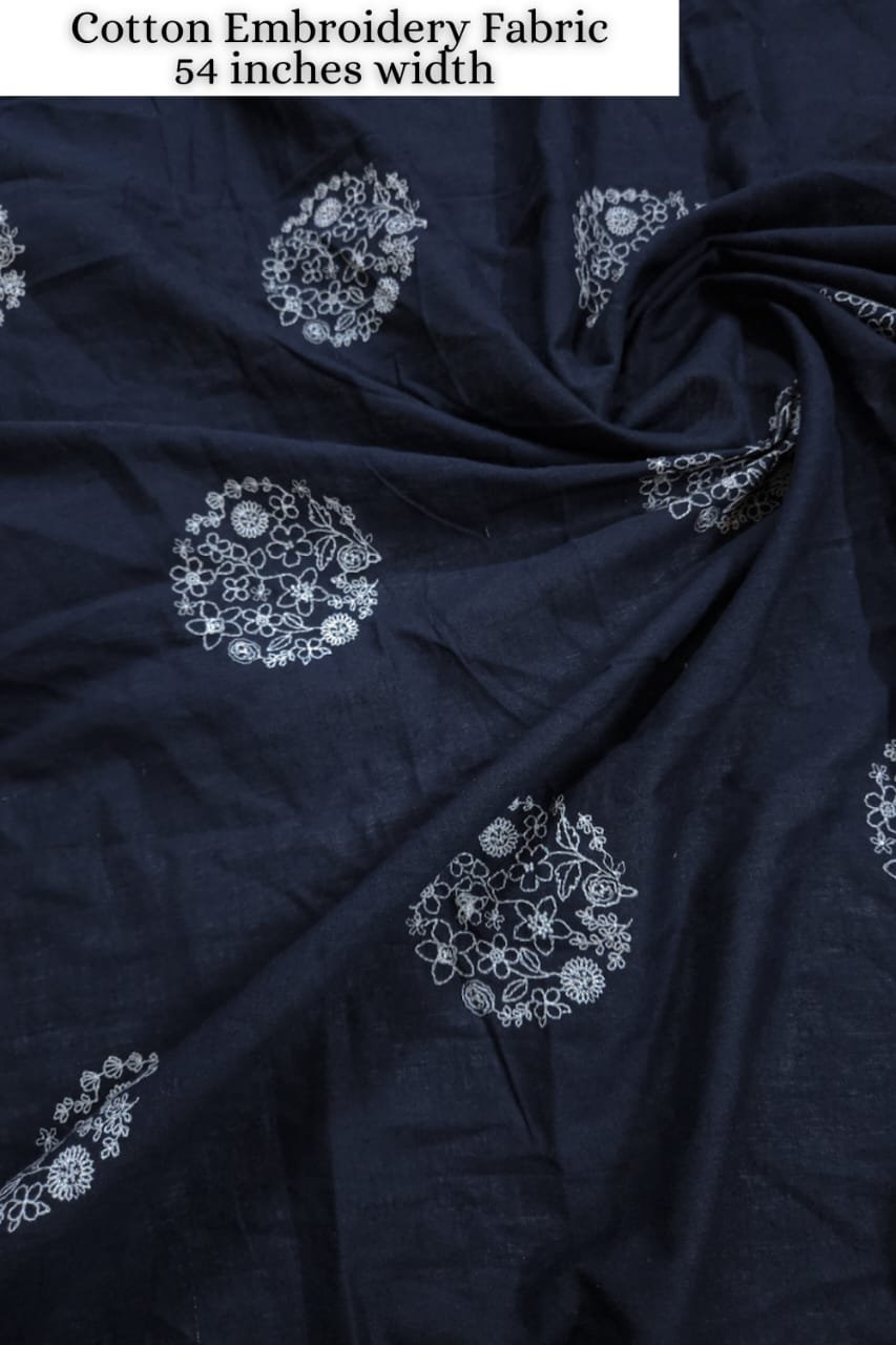 Navy Blue And White Shade Base Cotton Embroidery Fabric.
