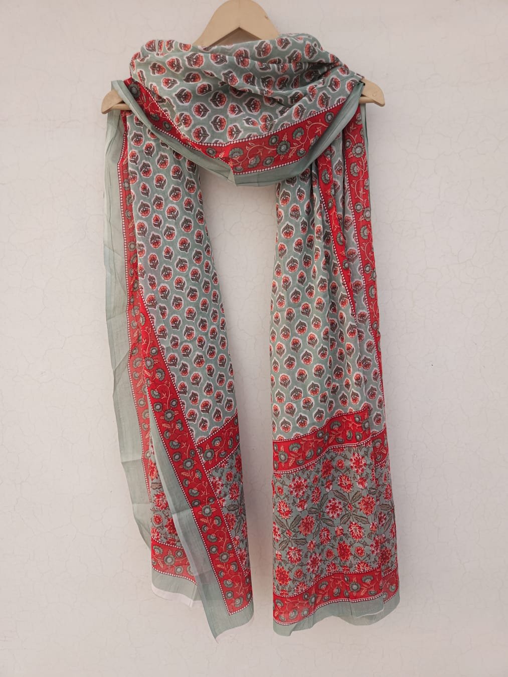 Light Mint Green and Red block printed Cotton Mulmul Dupatta