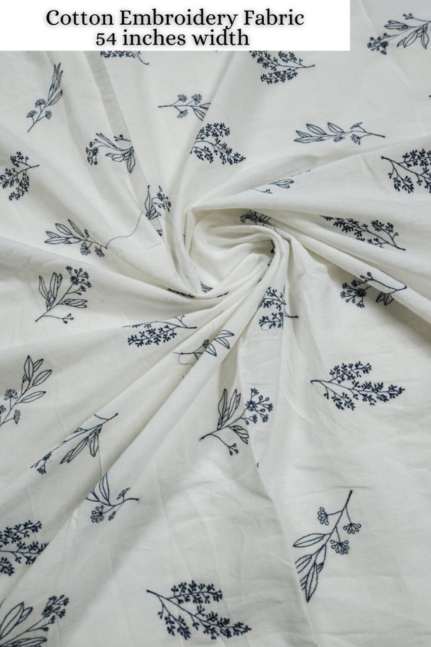 White Shade Base Blue Leaves Block Cotton Embroidery Fabric.