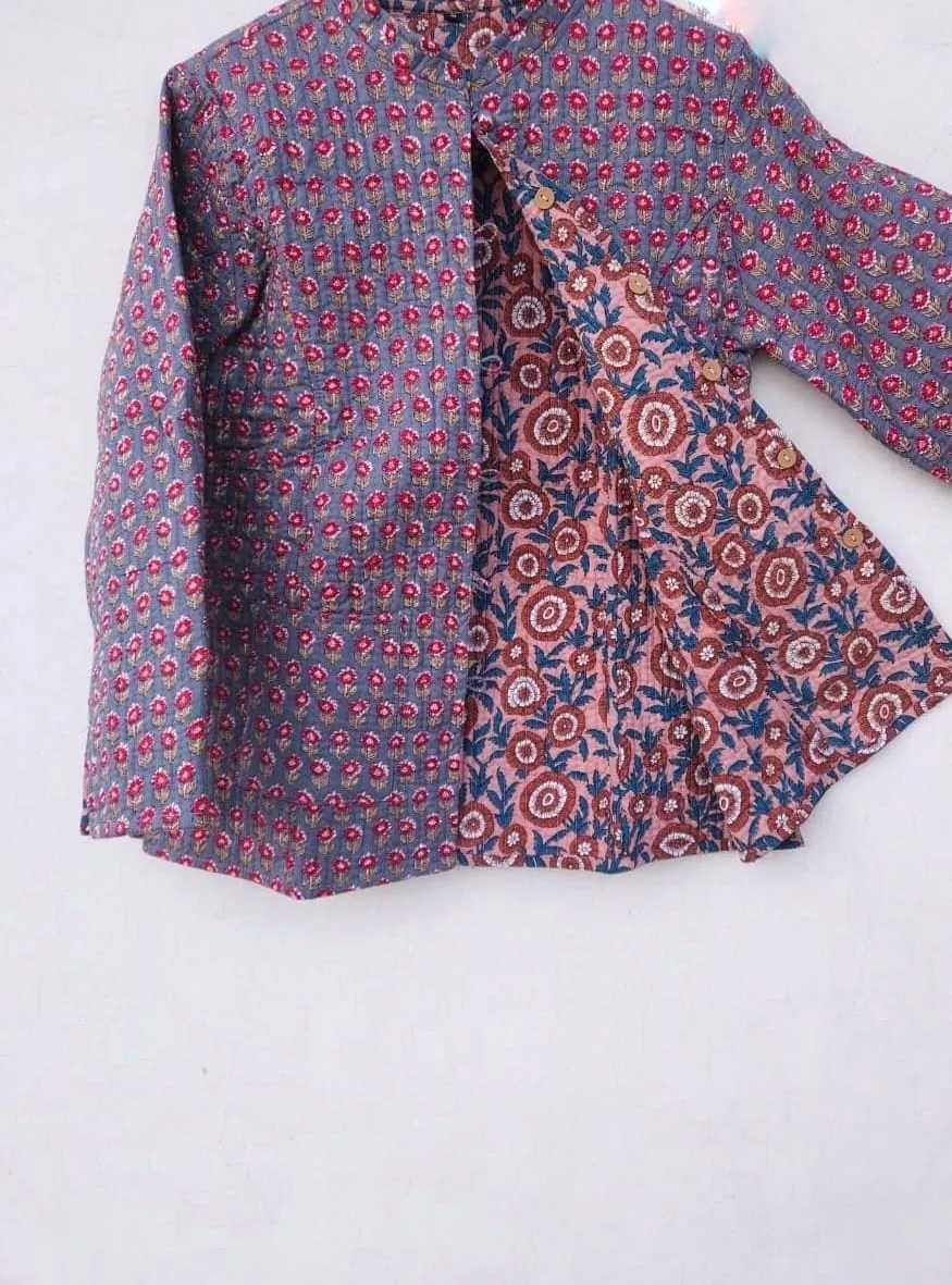 Grey With Red Small Butta Printed Outer Side with Peach Bagh Printed Cotton Quilted Jacket