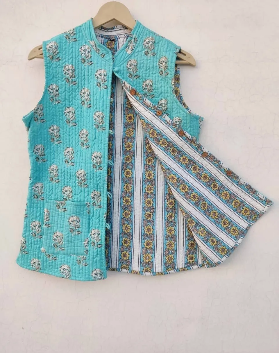 Sky Blue Base with Strips Design Cotton Quilted jacket in Cut Sleeves