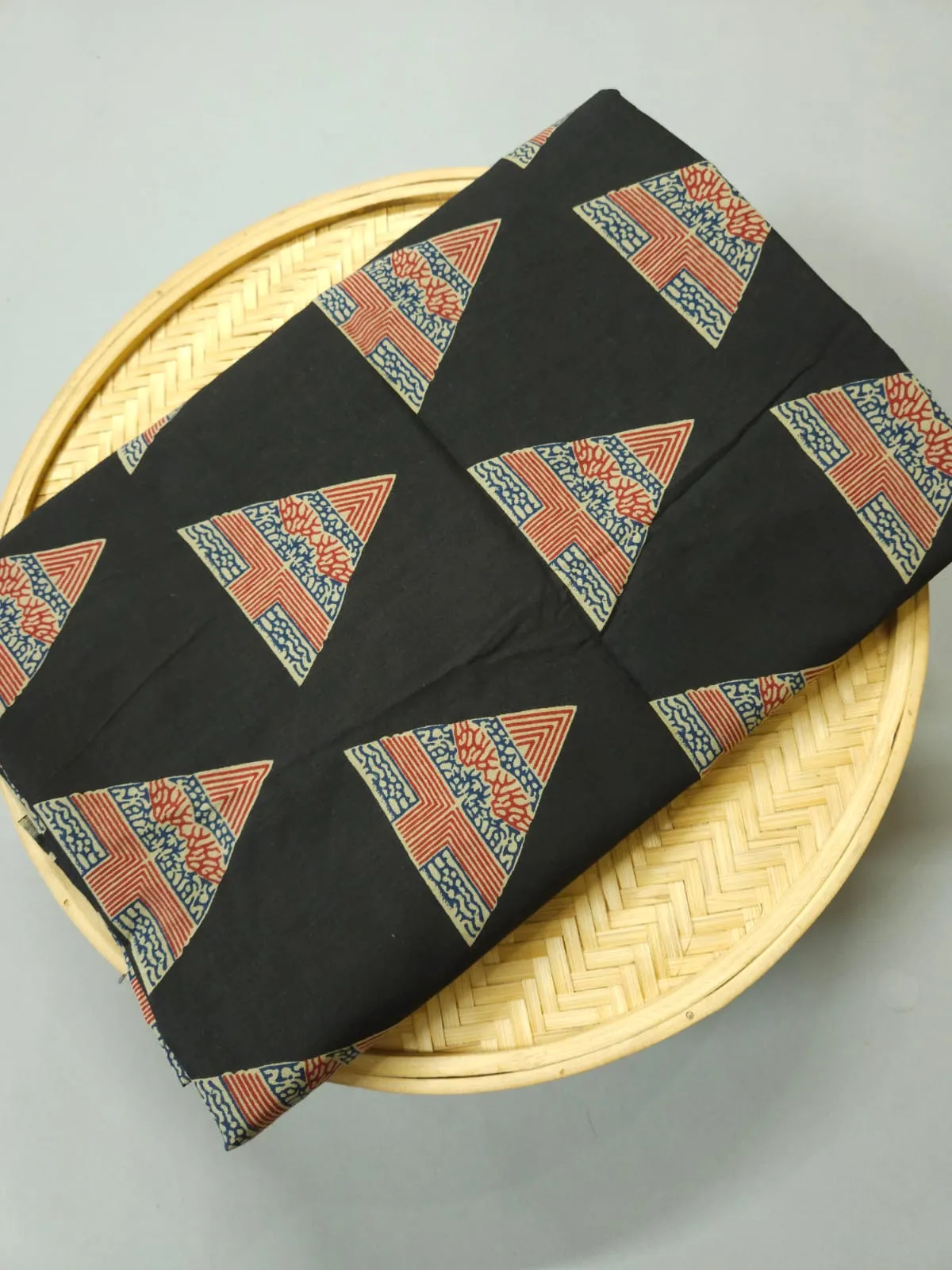 Black Shade Base Ajrakh Traditional Triangle Figure Block Print.