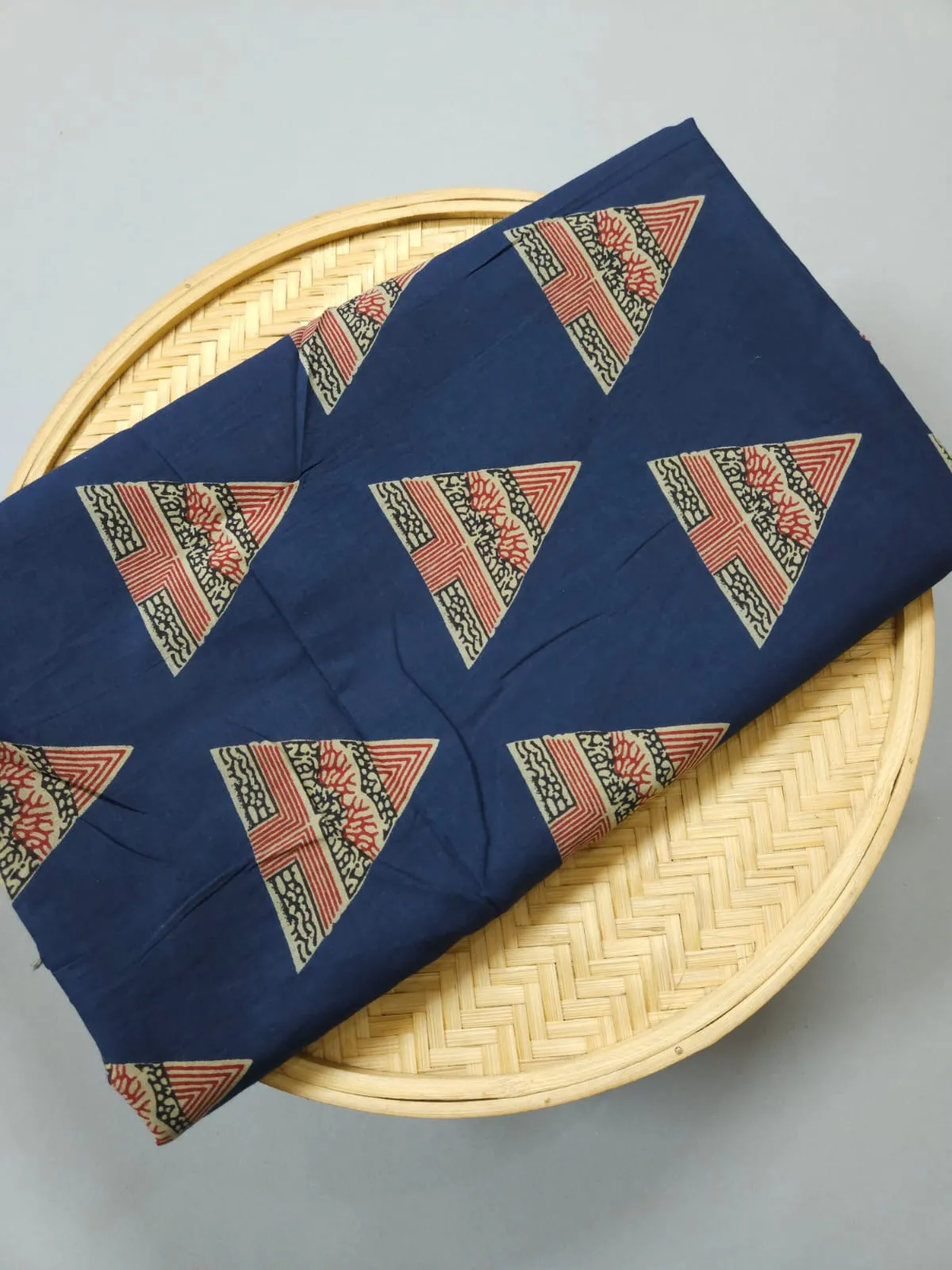 Blue Shade Base Ajrakh Triangle Figure Print,
