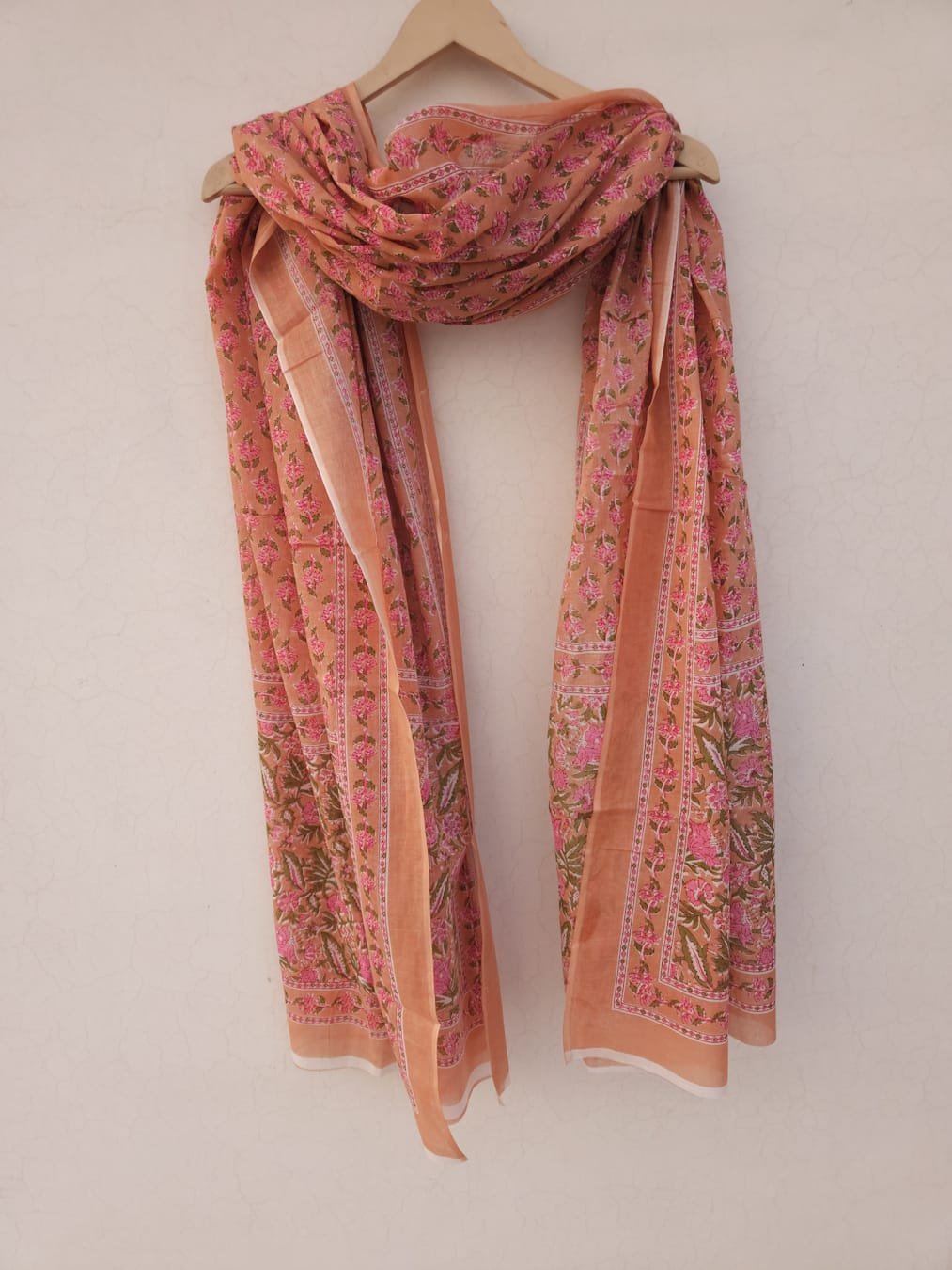 Beige Shade with Pink and Peach Jaal Printed Cotton Mulmul Dupatta