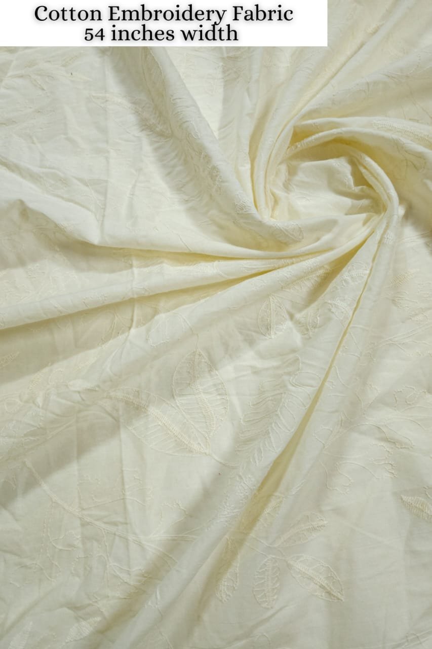 Pastel Cream Shade Base Cotton Embroidery Fabric.