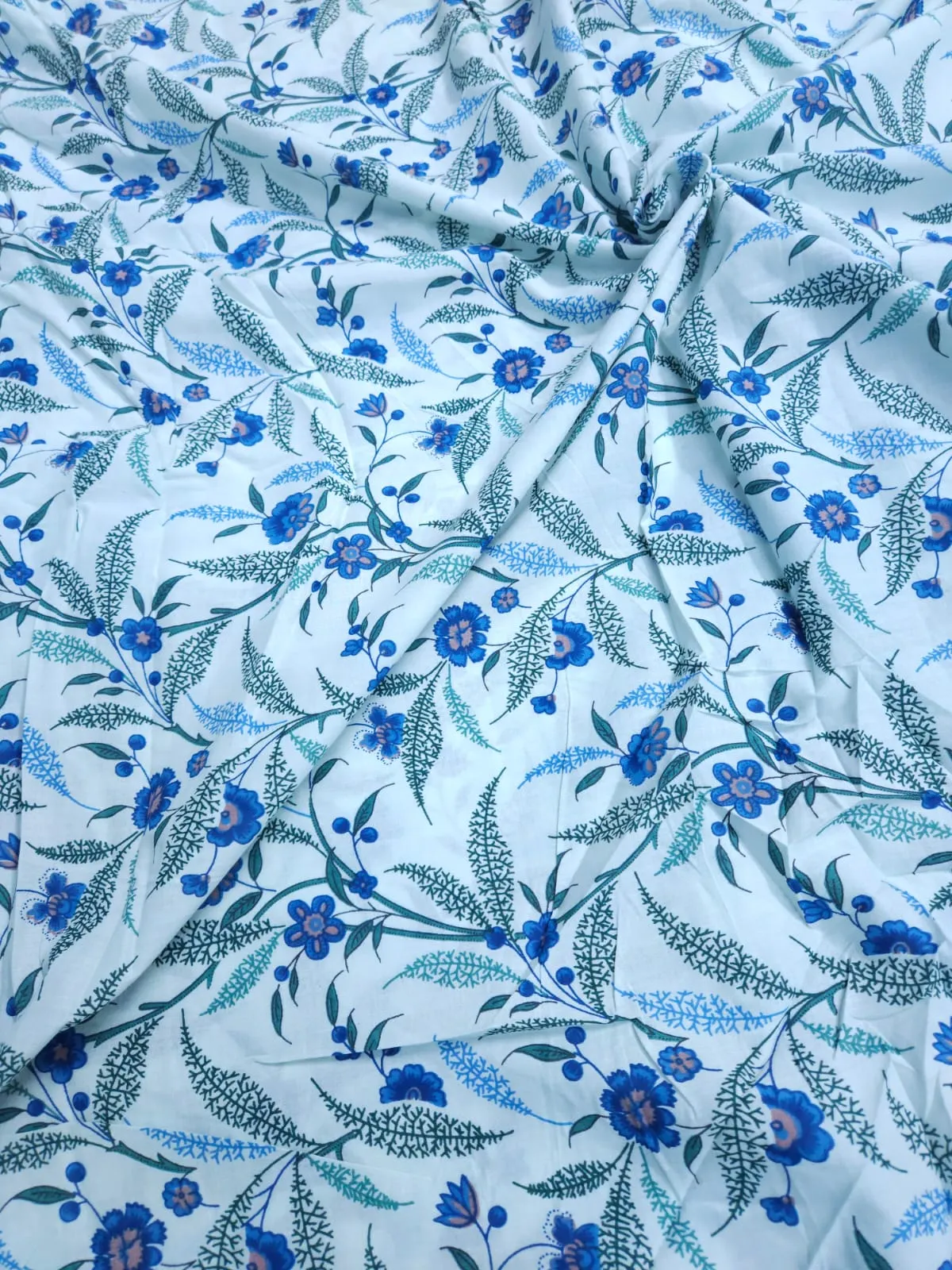 White Shade Base Small Flower Jaal Block Print, Cotton Fabric.