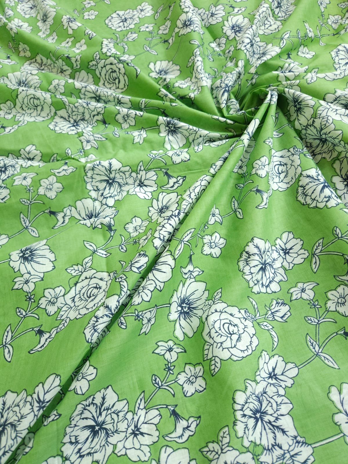 Green Shade Base Jaipuri Flower Jaal Print, Cotton Fabric.