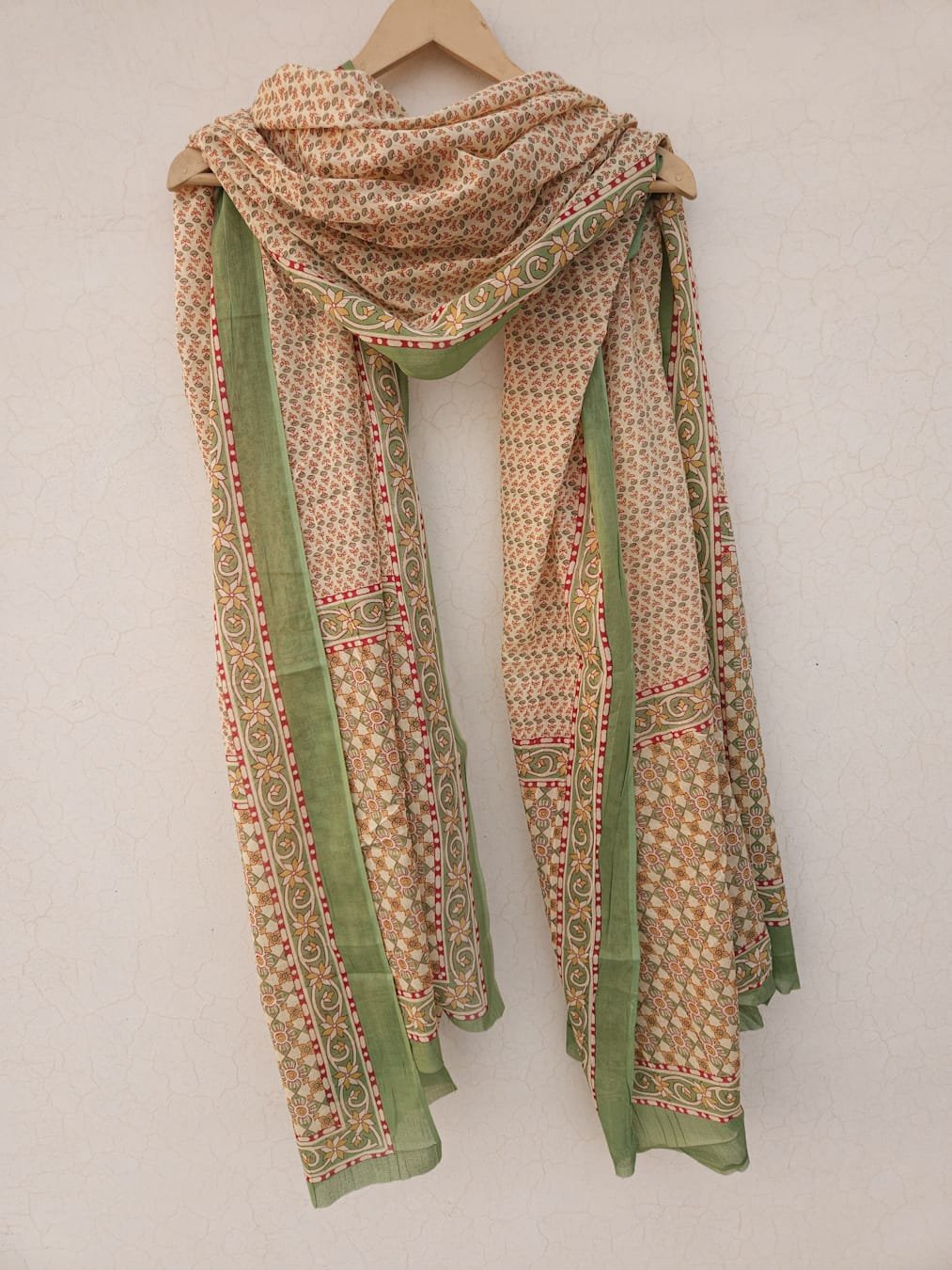 Light Cream Base with mint green and Pink Cotton Mulmul Dupatta