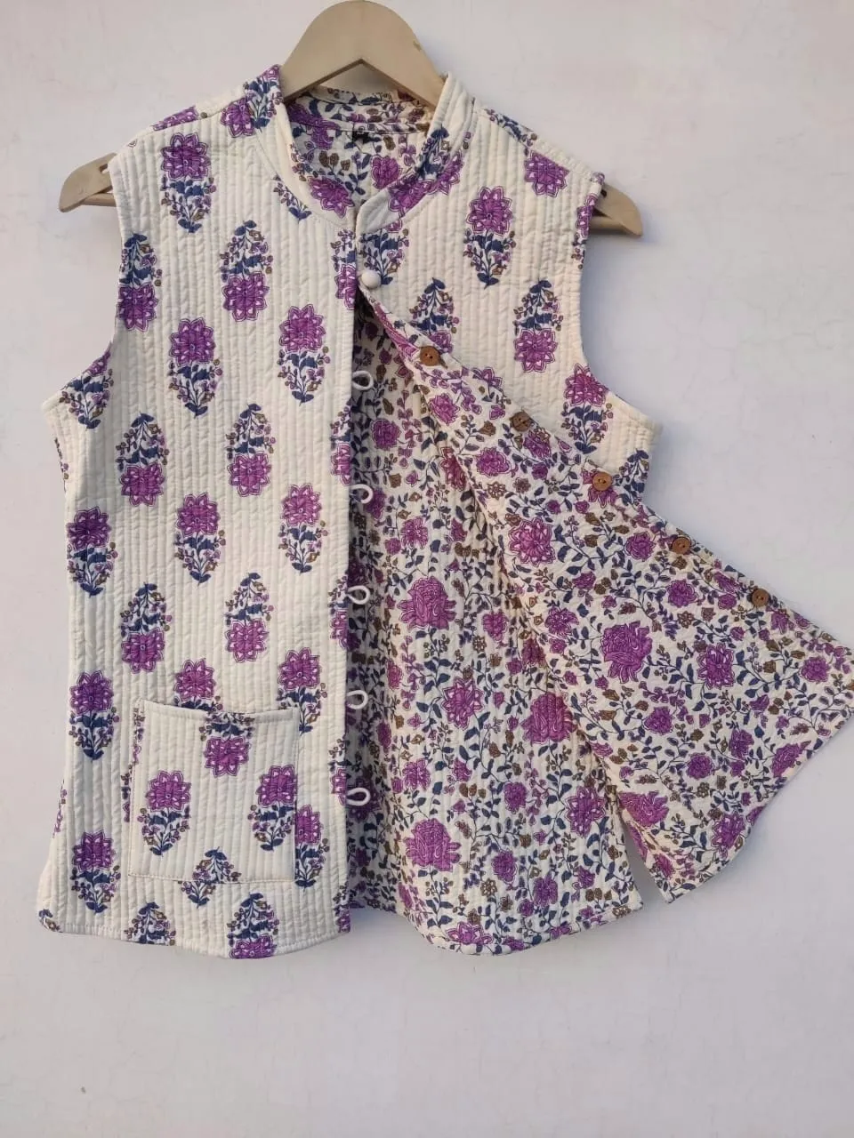 Cream with Lavender Block Printed With Jaal Printed Cotton Quilted Jacket