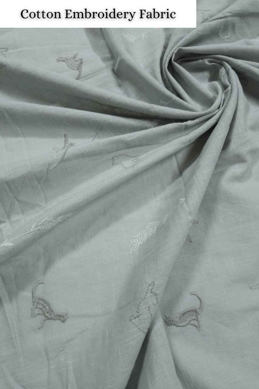 Pastel Grey Shade Base Animal Figure Cotton Embroidery Fabric.