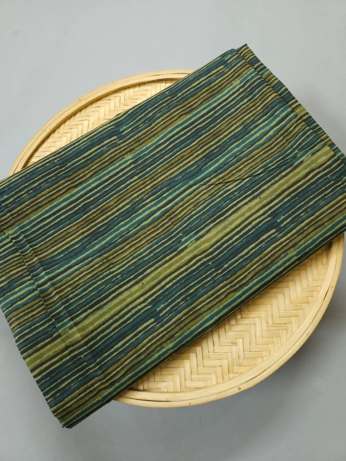 Dark Green Shade Base Ajrakh Stripes Print.