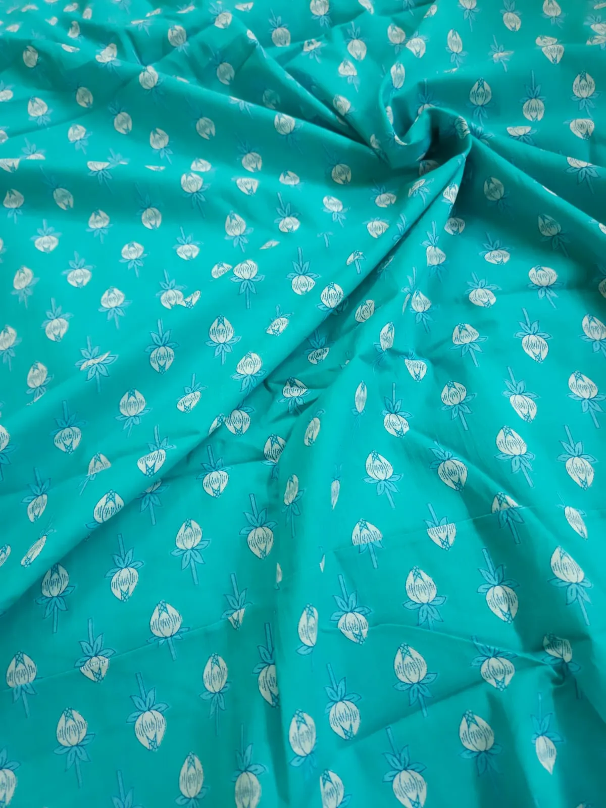Turquoise Shade Base Sanganeri Butty Print, Cotton Fabric.