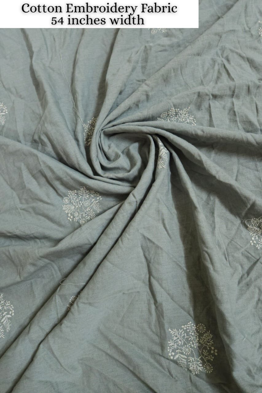 Grey Shade Base White Round Circle Figure Cotton Embroidery Fabric.