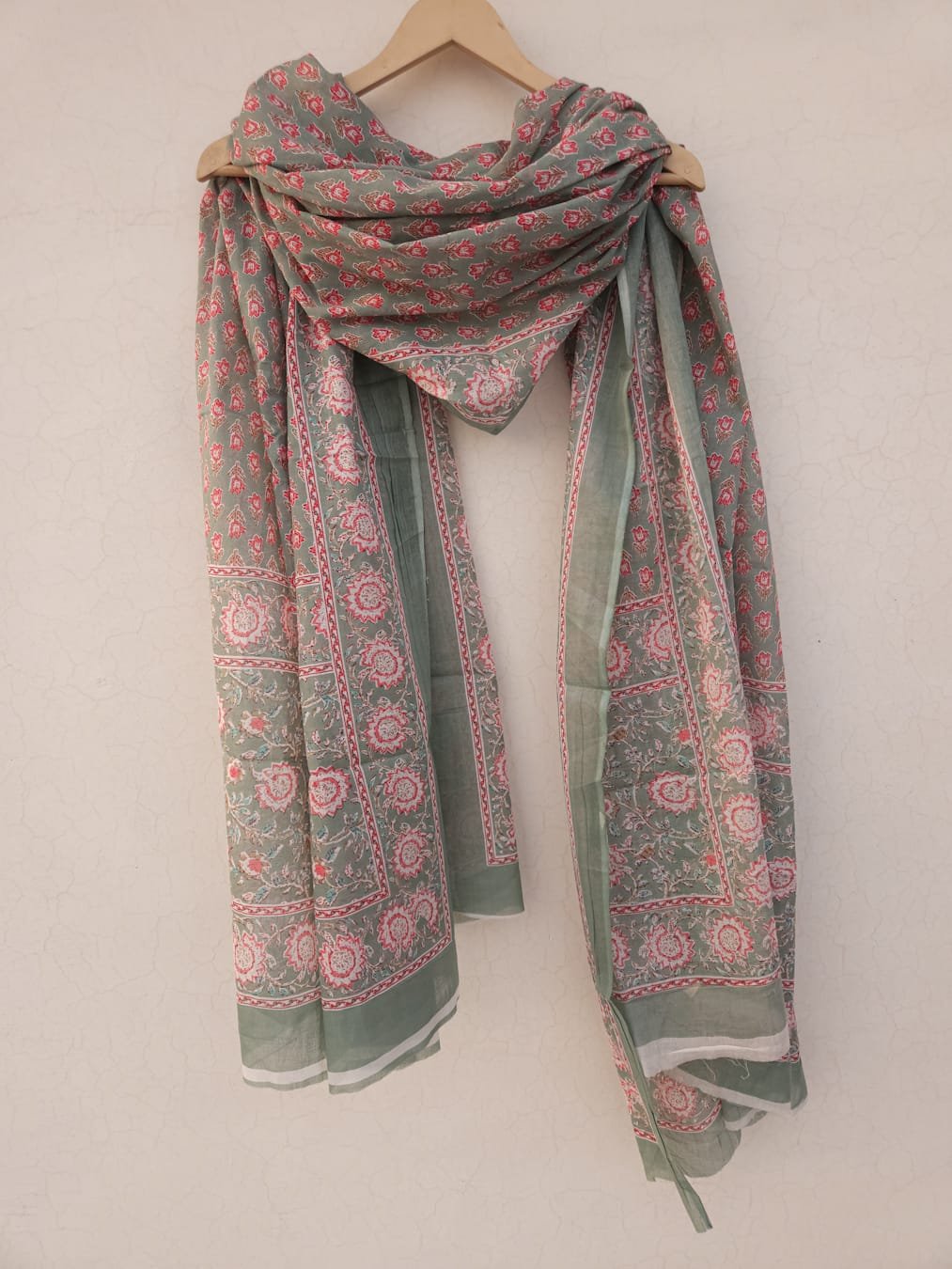 Light Green Base with Pink Mughal Printed Cotton Mulmul Dupatta