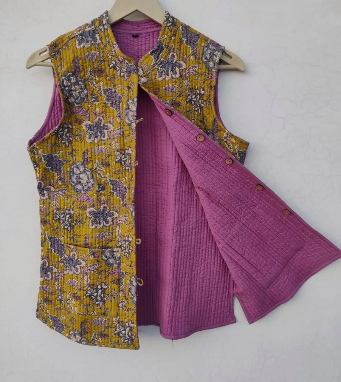 Mustard with lavender Jaal Printed Outer Side with Solid Inner Side Cotton Quilted Jacket