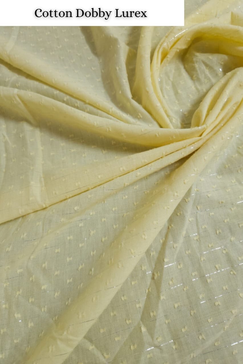 Pastel Yellow Shade Cotton Doby Lurex Fabric.