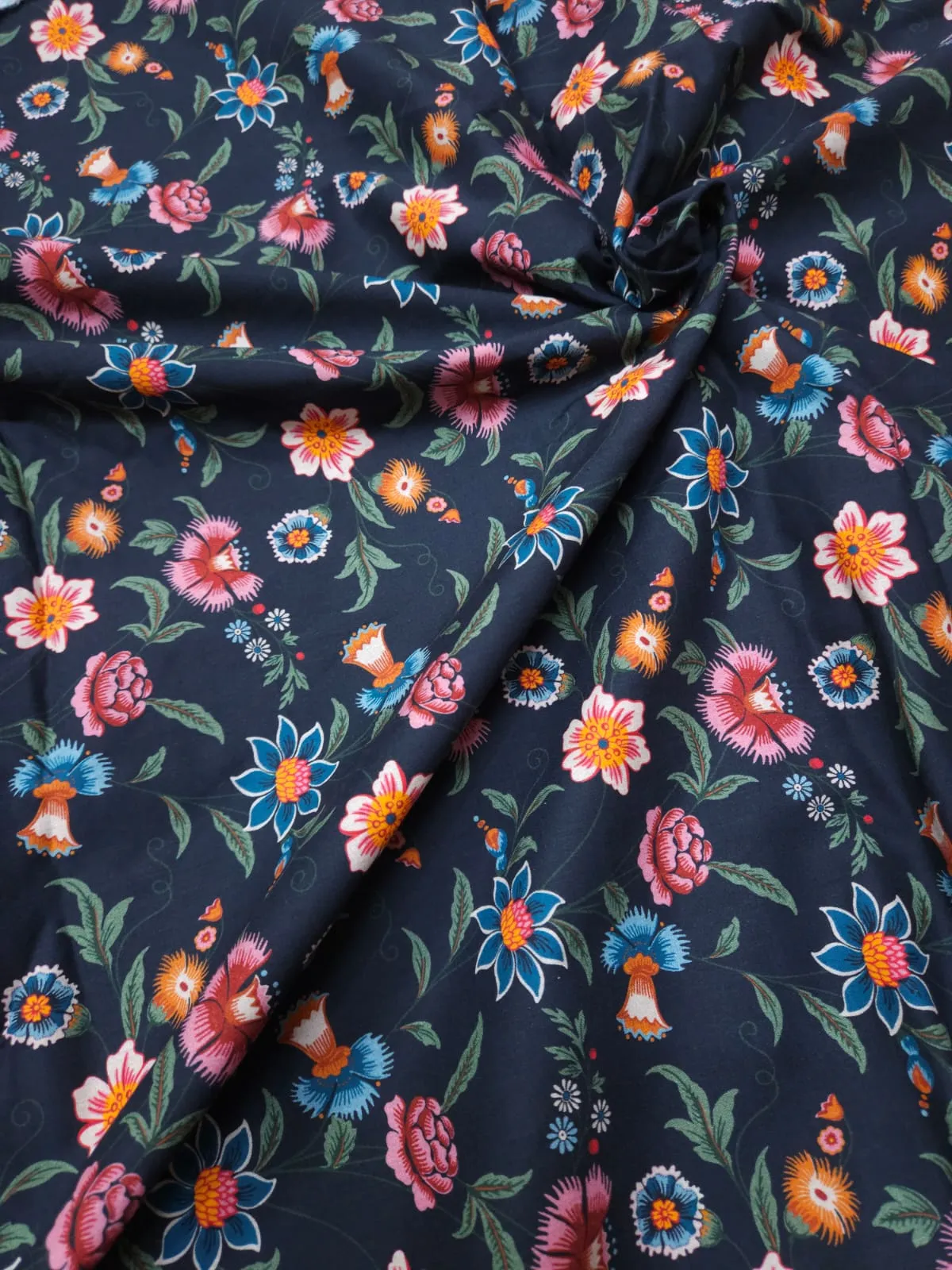 Navy Blue Shade Base Multicolour Flowers Print, Cotton Fabric.