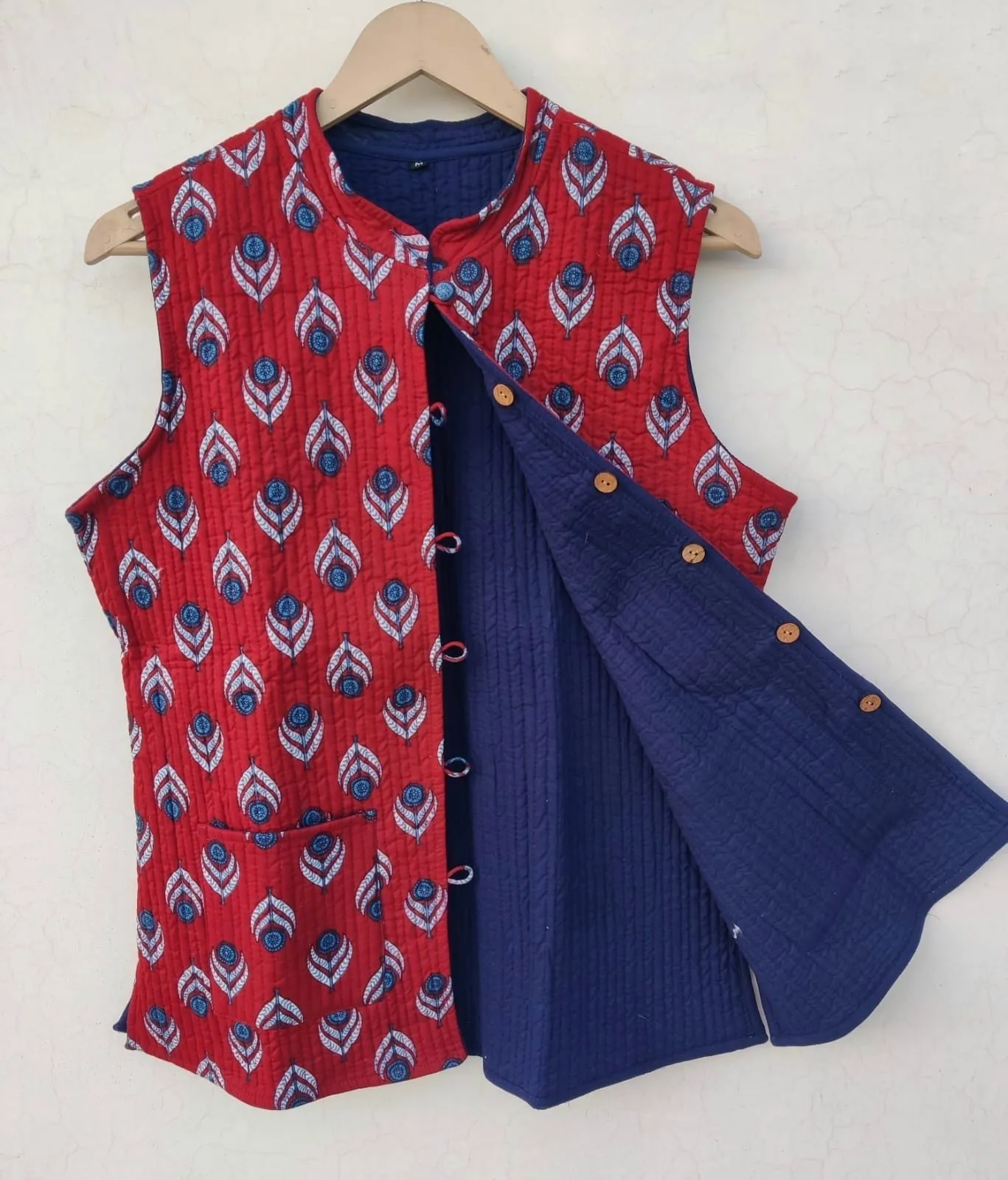 Red Small Block Printed Outer Side with Navy Blue Inner Side Cotton Quilted Jacket
