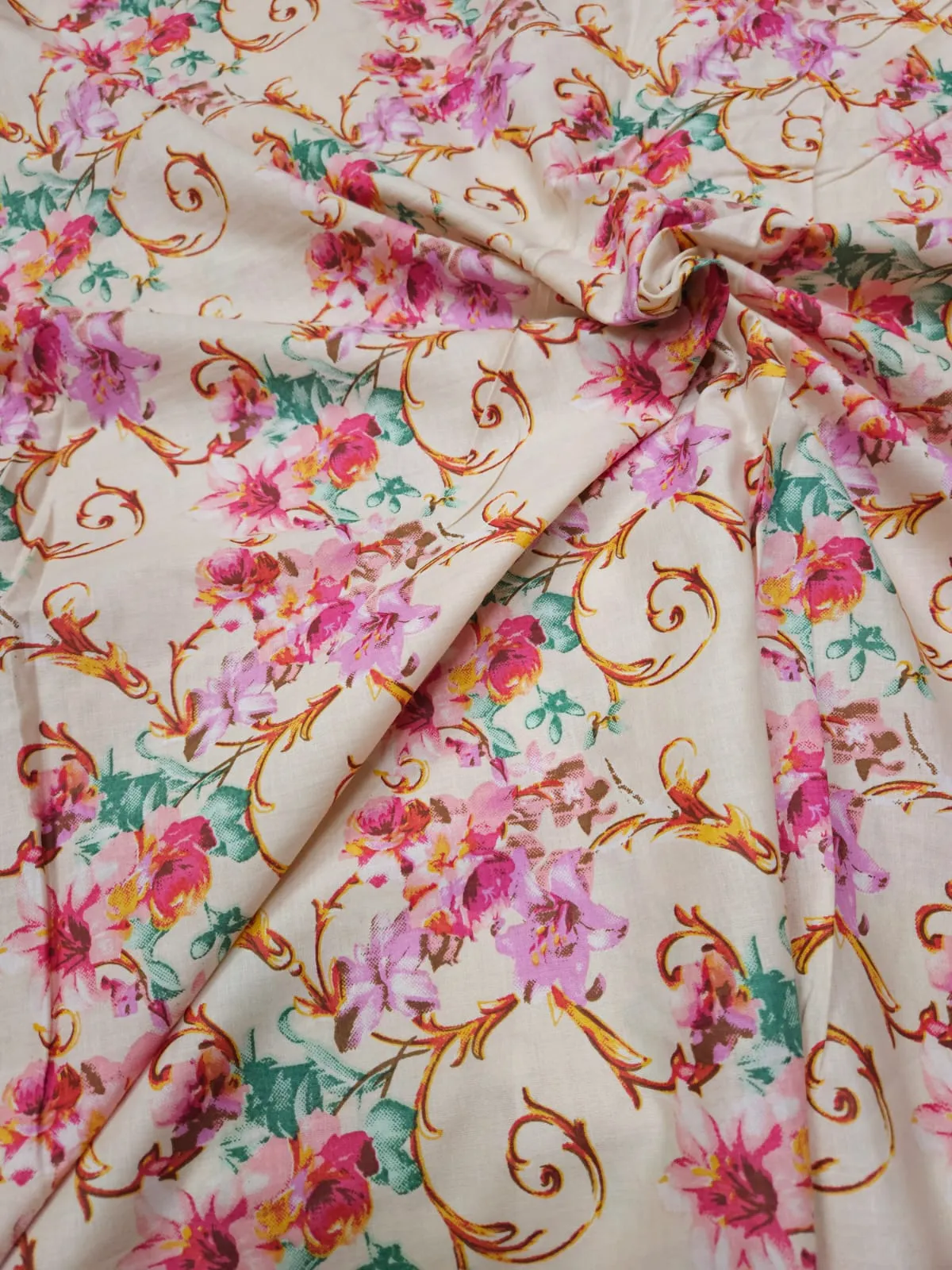 Cream Shade Base Multicolour Flowers Abstract Print, Cotton Fabric.
