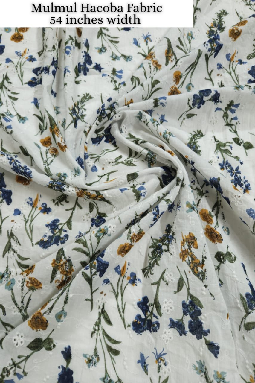 Off White Shade Base Blue Flowers Block Hakoba Print.