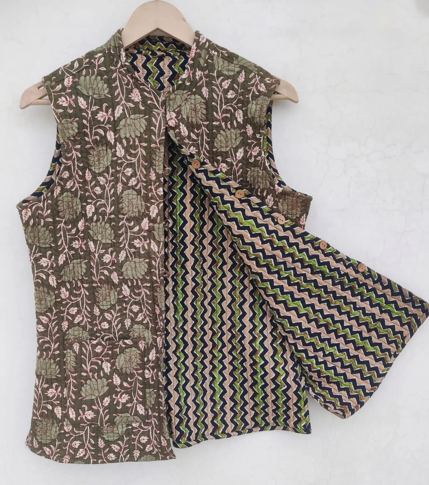 Rust Green Flower Printed Outer Side with Zig Zag Inner Side Cotton Quilted Jacket