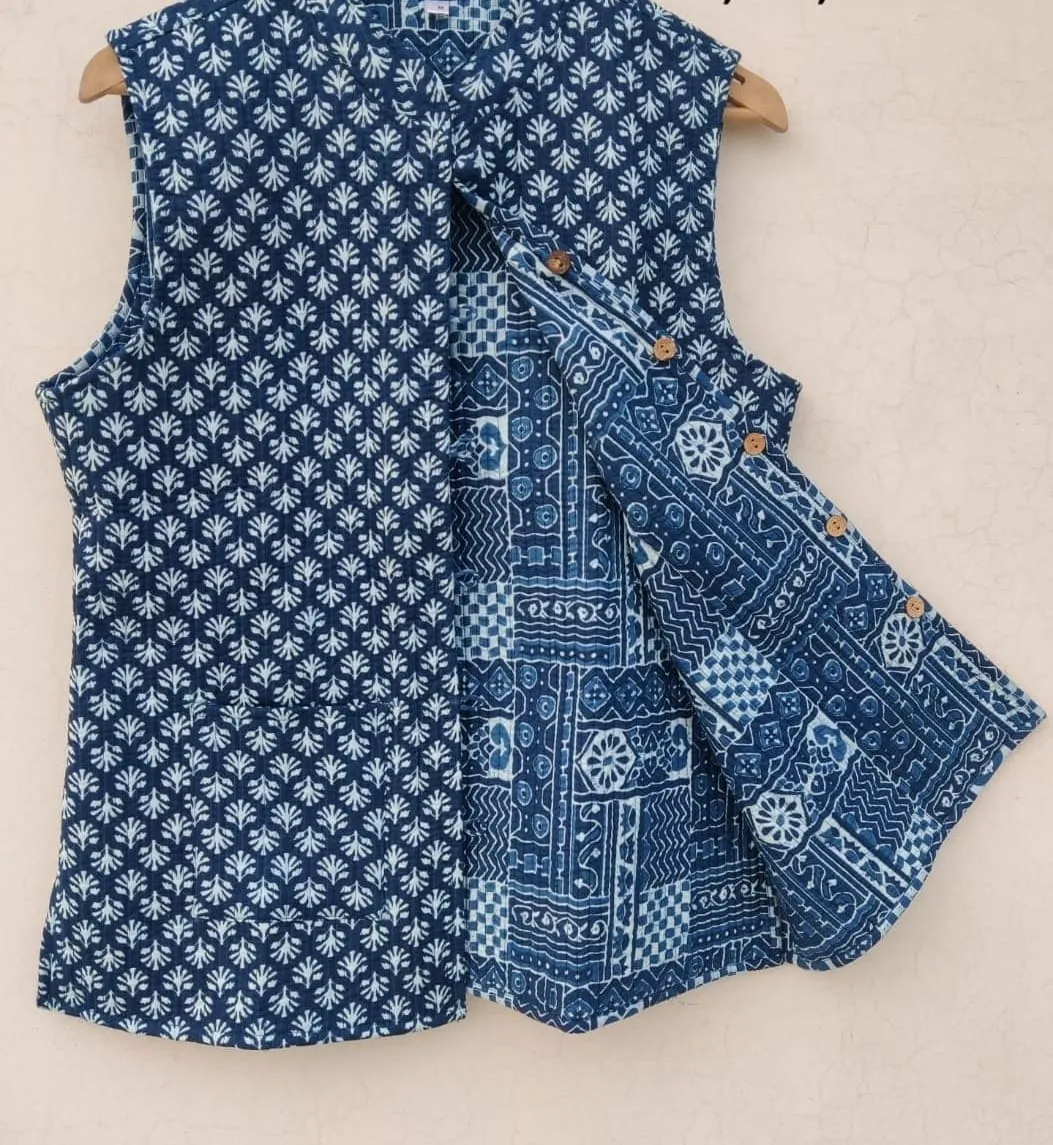 Indigo Blue with White Small Butta Printed Cotton Quilted Jacket