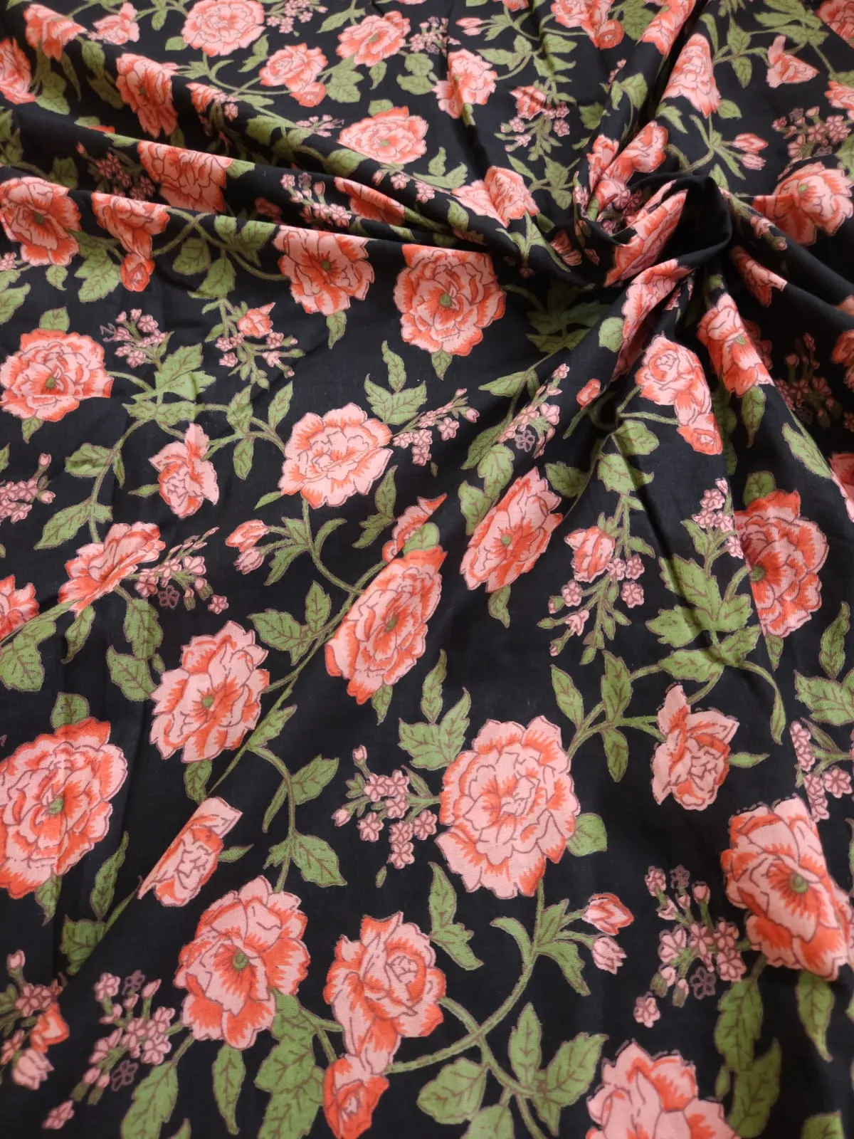 Black Shade Base Nas Flower Jaal Print, Cotton Fabric.