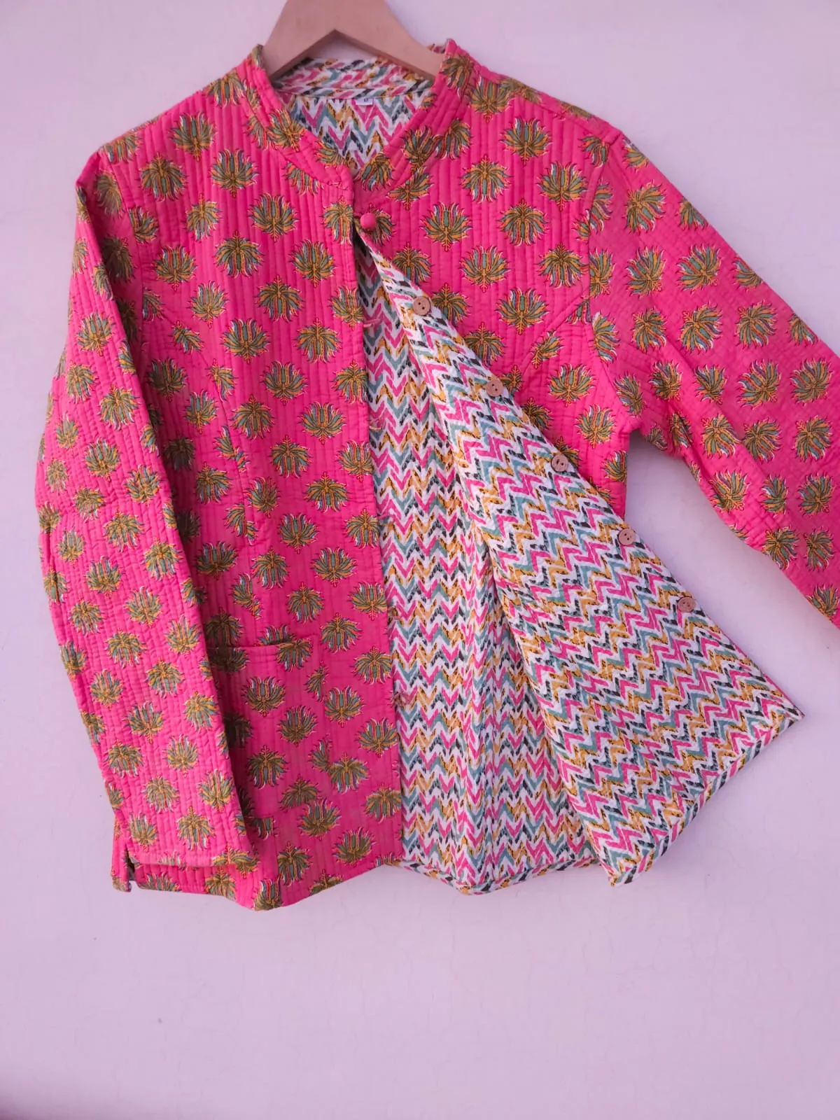 Peach Base with lotus Prints with Small Printed Cotton Quilted Jacket