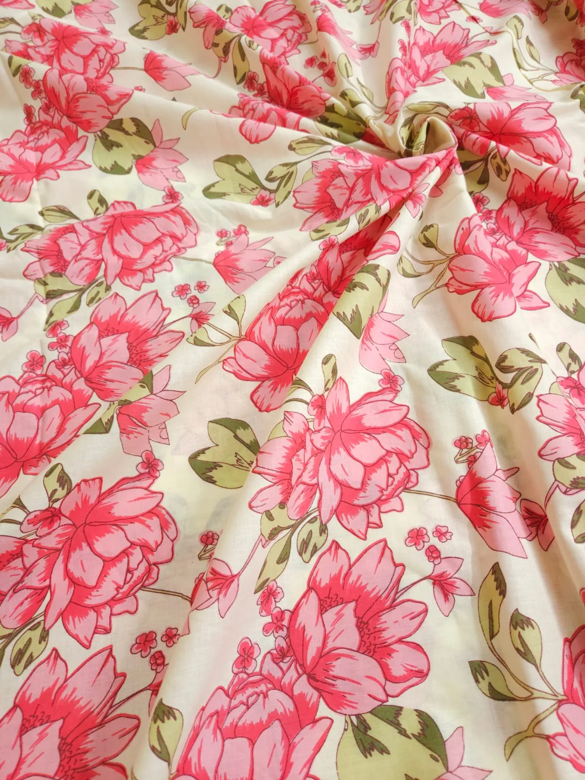 Cream Shade Base Pastel Peach Flowers Print, Cotton Fabric.