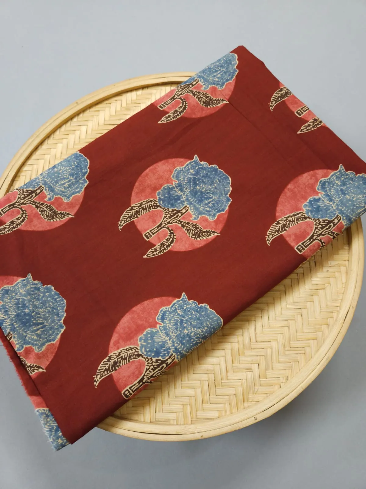 Maroon Shade Base Ajrakh Flower Block Print.