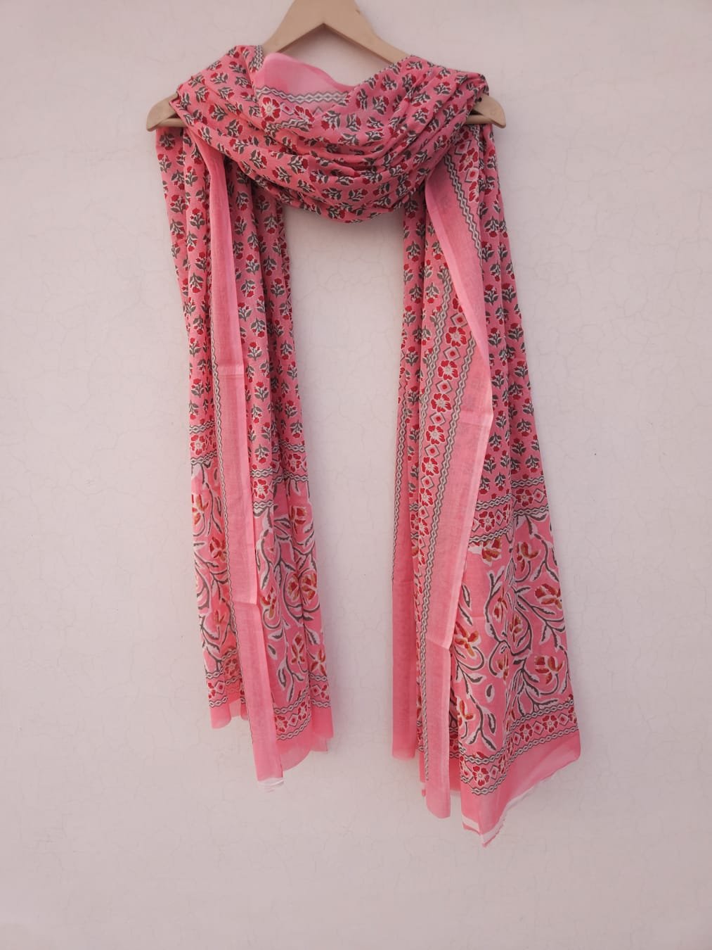 Peacch and Grey flower printed cotton mulmul dupatta