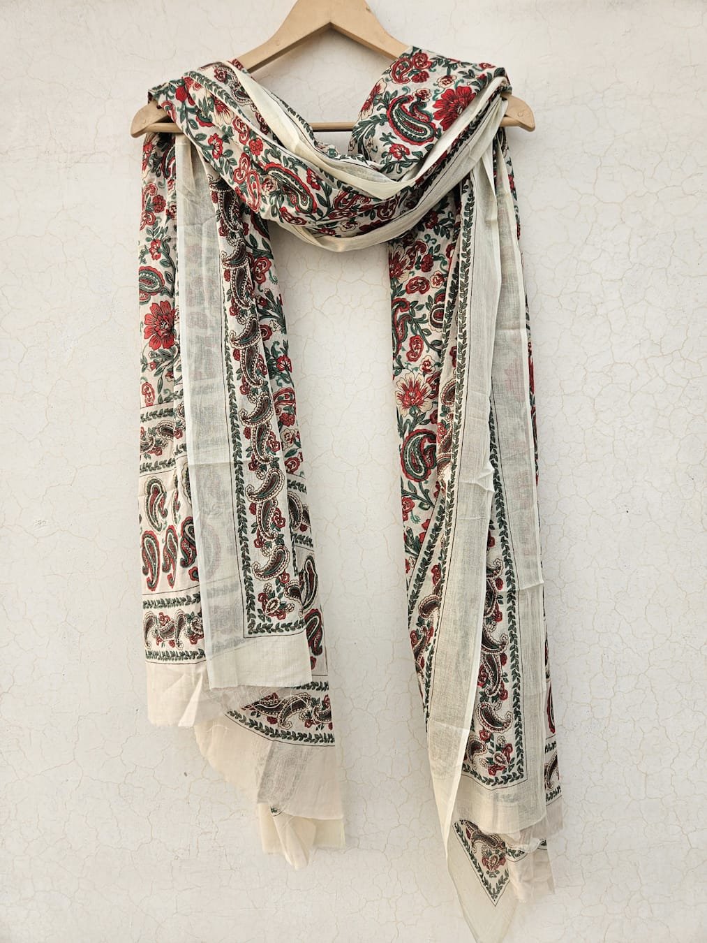 Cream Base with red and green jaal printed Cotton Mulmul Dupatta