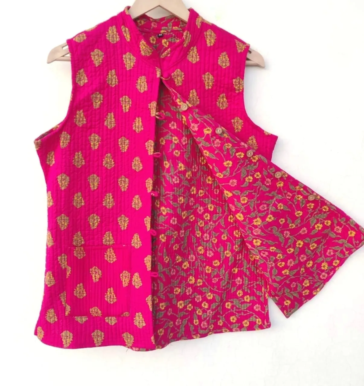 Magenta And Yellow Block Printed Outer Side with Small Jaal Printed Cotton Quilted Jacket