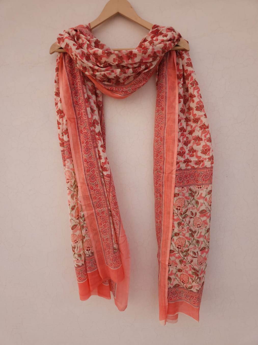 White and Peach Orange butta printed Cotton Mulmul Dupatta