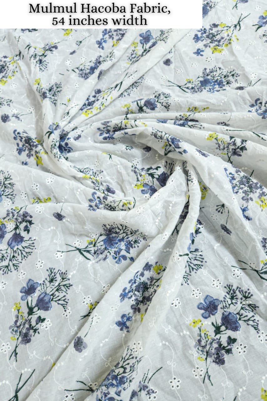 White Shade Base Blue Flower Block Cotton Hakoba Print.