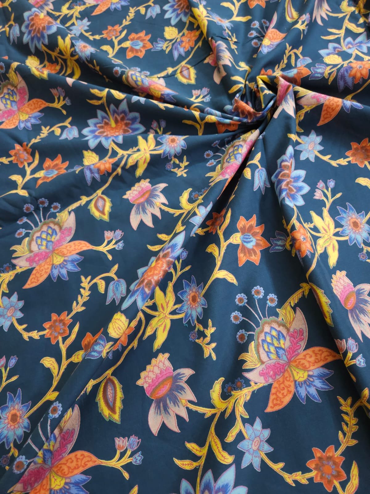 Blue Shade Base Multicolour Flowers Print, Cotton Fabric.