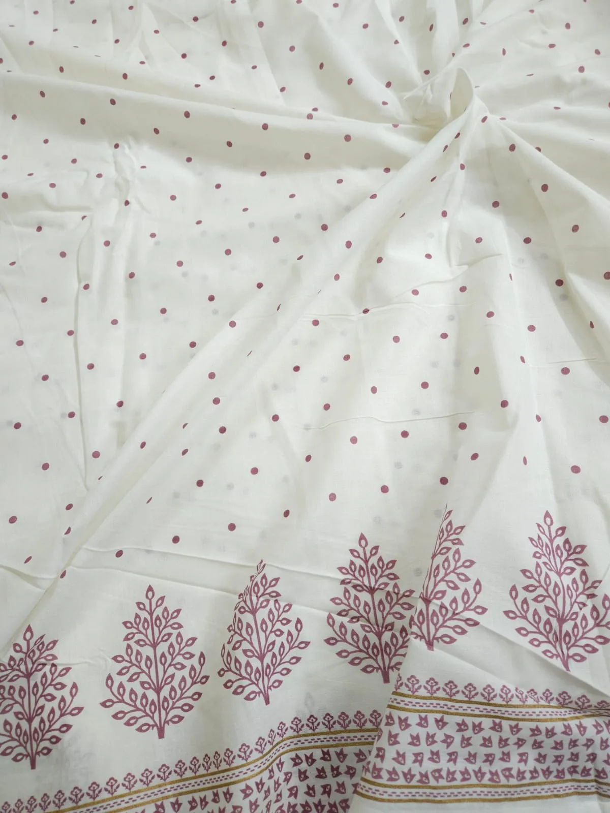 White Shade Polka Dots Border Print, Cotton Fabric.