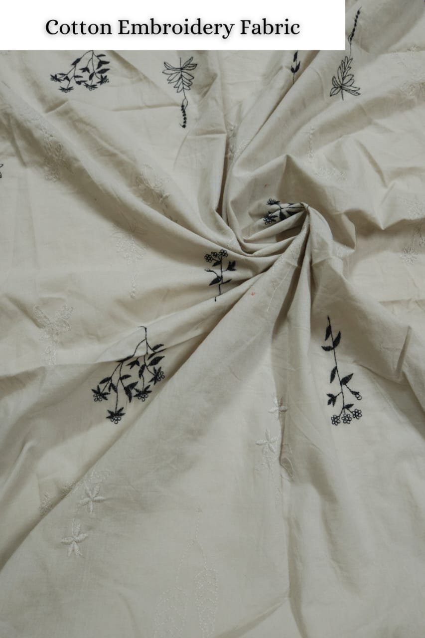 Pastel Grey Shade Base Black Leaves Black Shade Cotton Embroidery Fabric.