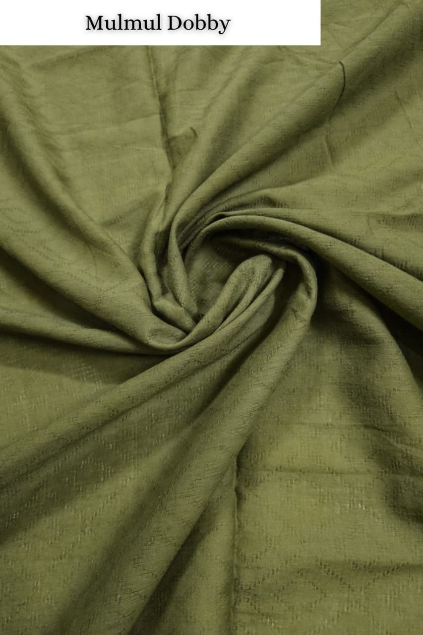 Mehandi Shade Base Cotton Mulmul Dobby Fabric.