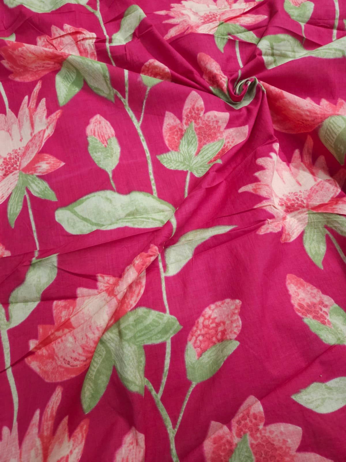 Magenta Pink Shade Base Big Flower Block Print, Cotton Fabric.