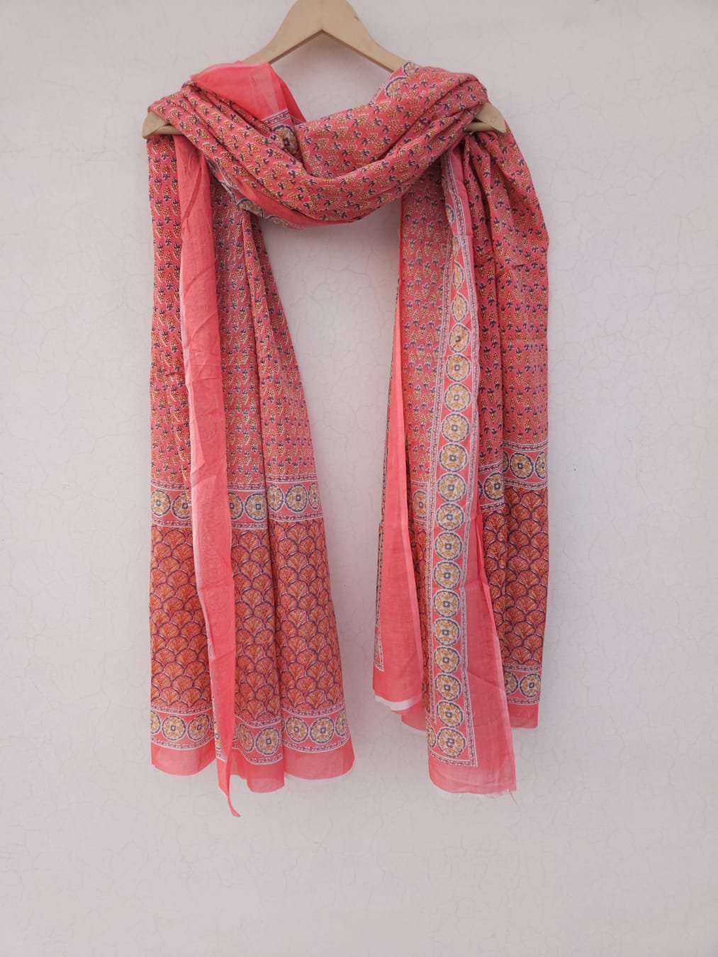 Peach with Beige Small Printed Cotton Mulmul Dupatta