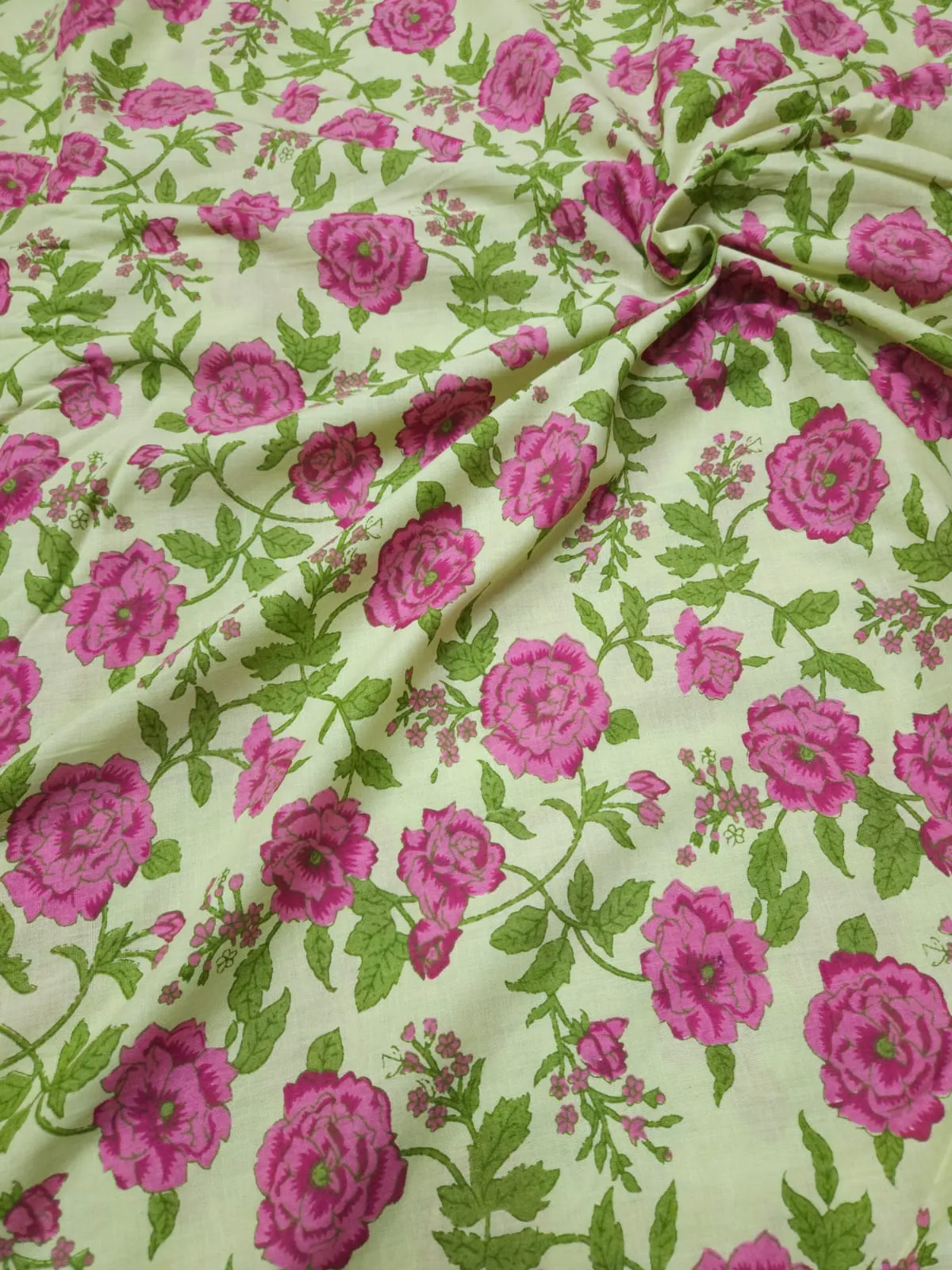 Pastel Green Shade Base Pink Flowers Jaal Print, Cotton Fabric.