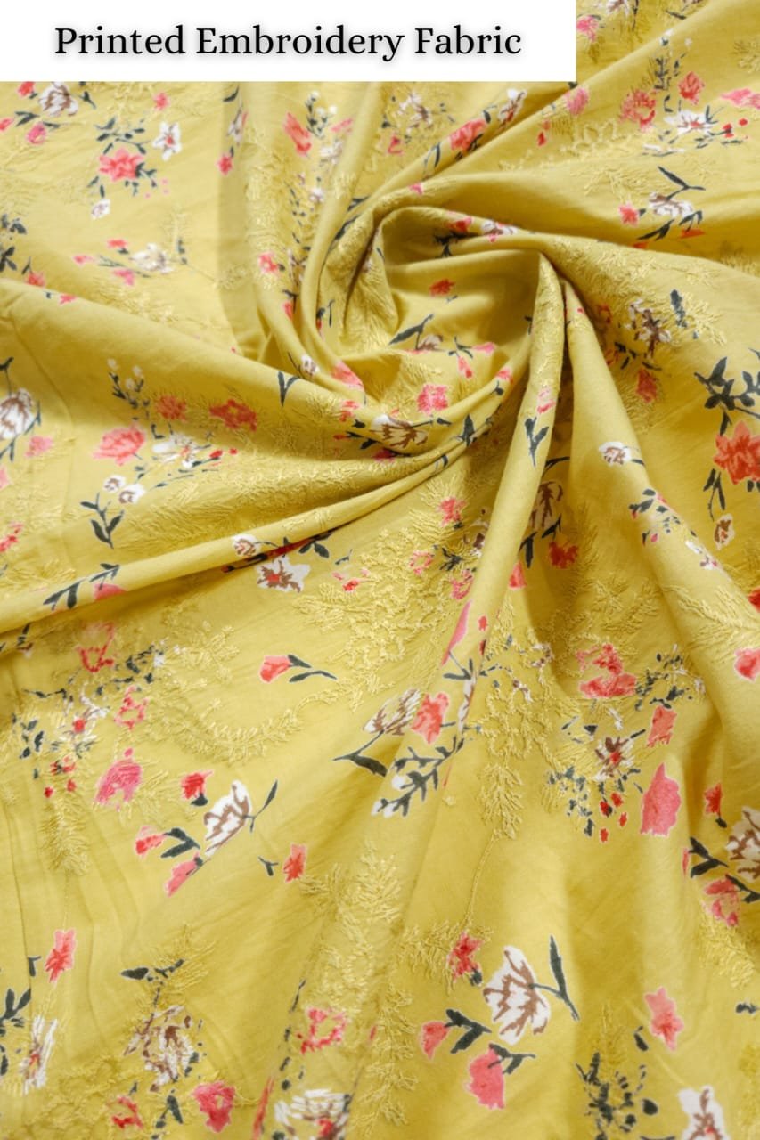 Mustard Yellow Shade Base Flowers Print Cotton Embroidery Fabric.