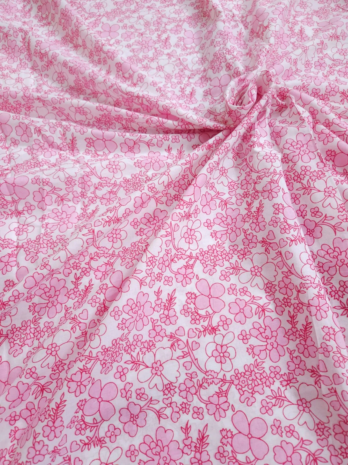 White Shade Base Pastel Pink Flowers Print On Overall Fabric, Cotton Fabric.
