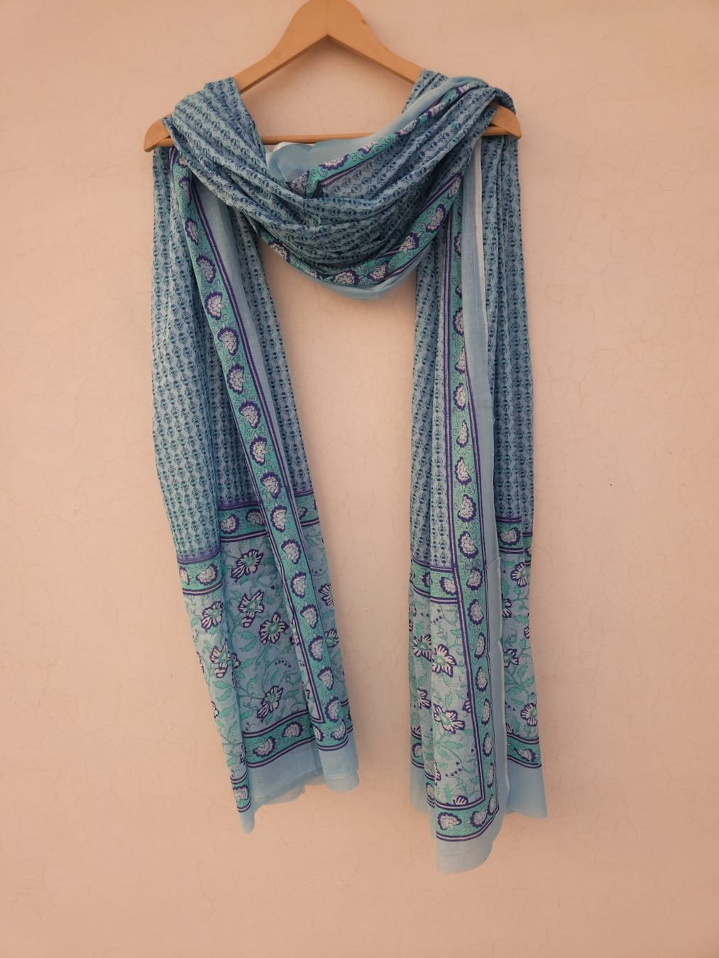 Cotton Mulmul Dupatta in Sky Blue small Printed Jaipuri Bagh