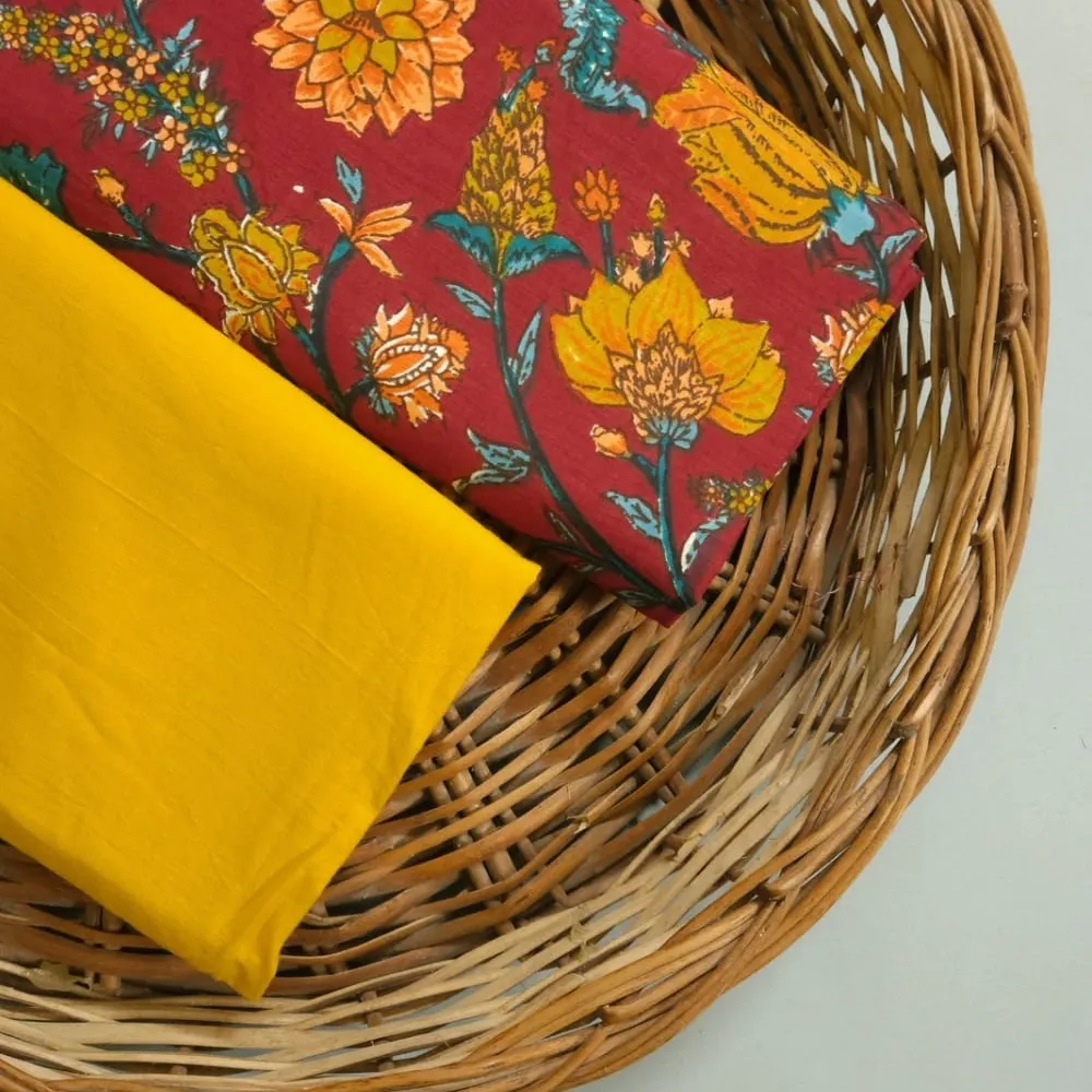 Mehroon Shade Base Jaipuri Flowers Jaal Print With Matching Yellow Bottom.