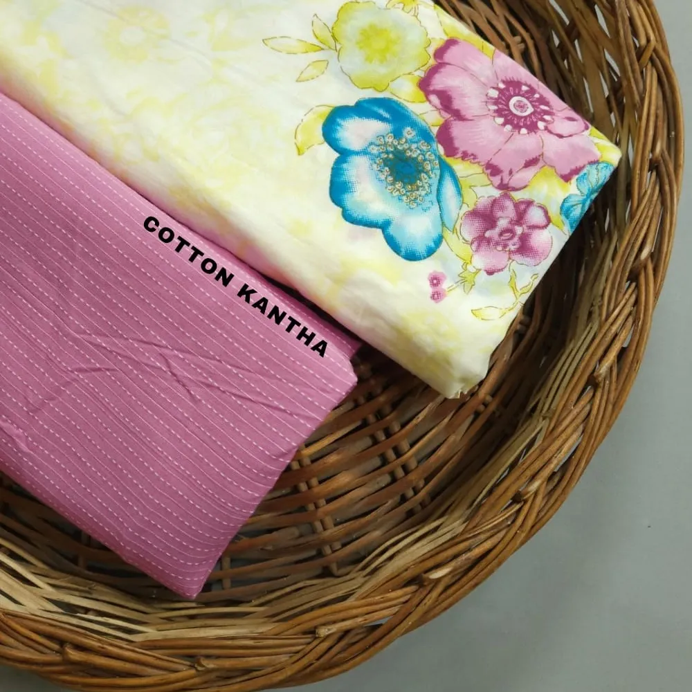 Off White Shade Base Multicolour Flowers Print With Matching Kantha Bottom.