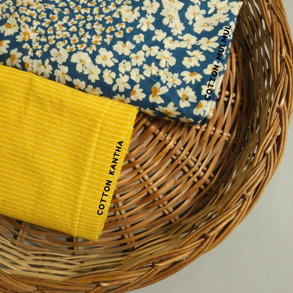 Blue Shade Base Small Flowers Print Matching Kantha  Bottom.