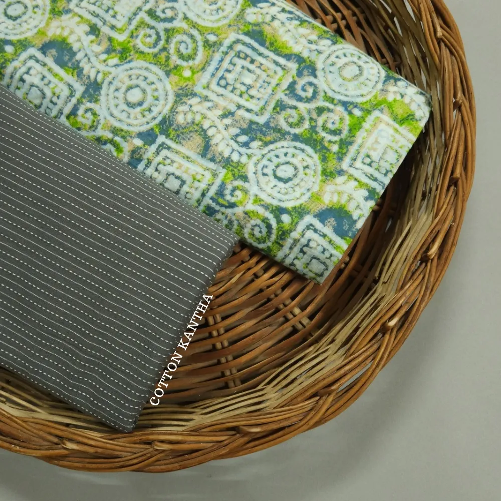 Green Shade Base Geometric Print With Matching Kantha Bottom.